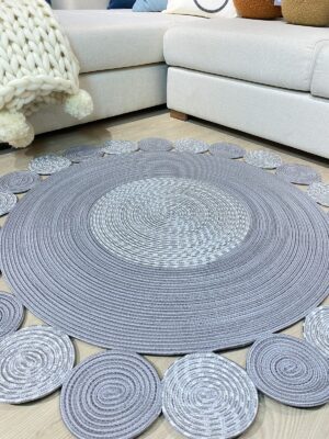 Gri jüt hasırlı kırçıllı el örgüsü yuvarlak kilim halı