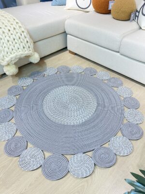 Gri jüt hasırlı kırçıllı el örgüsü yuvarlak kilim halı