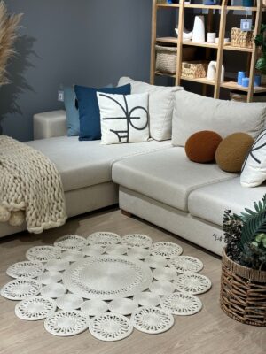 Marguerite papatya model el yapımı jüt kilim soft tonlarında