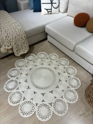 Marguerite papatya model el yapımı jüt kilim soft tonlarında