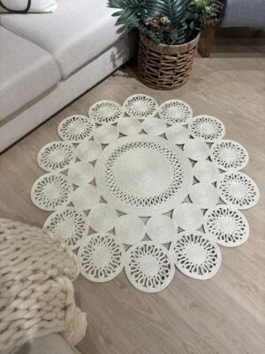 Marguerite papatya model el yapımı jüt kilim soft tonlarında