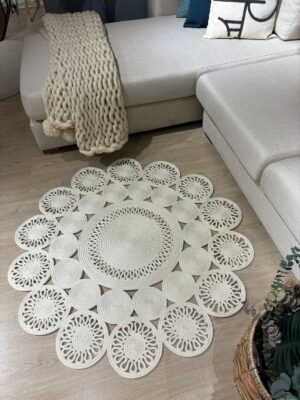 Marguerite papatya model el yapımı jüt kilim soft tonlarında