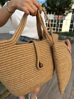 Alternative view of Lumos Fermuarlı Hasır Jüt Vegan Clutch Çanta, Düğmeli Kol Çantası
