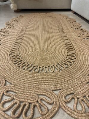 Matrix Jüt Kilim, geometrik desenleri ve oval tasarımı ile bohem tarzda modern halı