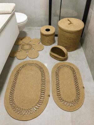 Looma Doğal Görünümlü Hasır Jüt Oval Paspaslı Banyo Seti Çamaşır Sepeti ve Paspas Takımı