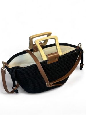 Alternative view of Woody Ahşap Saplı Deri Detaylı Jüt Hasır Görünümlü Iç Astarlı Vip Çanta