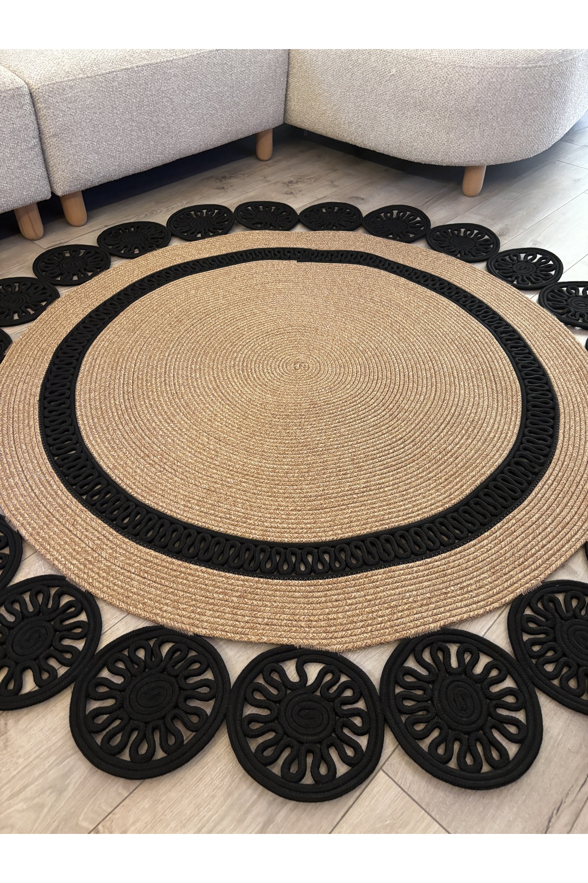 Buganvilla Hasır-Siyah Jüt Çiçek Desenli El Dokuma Antre Salon Mutfak Yatak Odası Kilim Paspas - Görsel 5