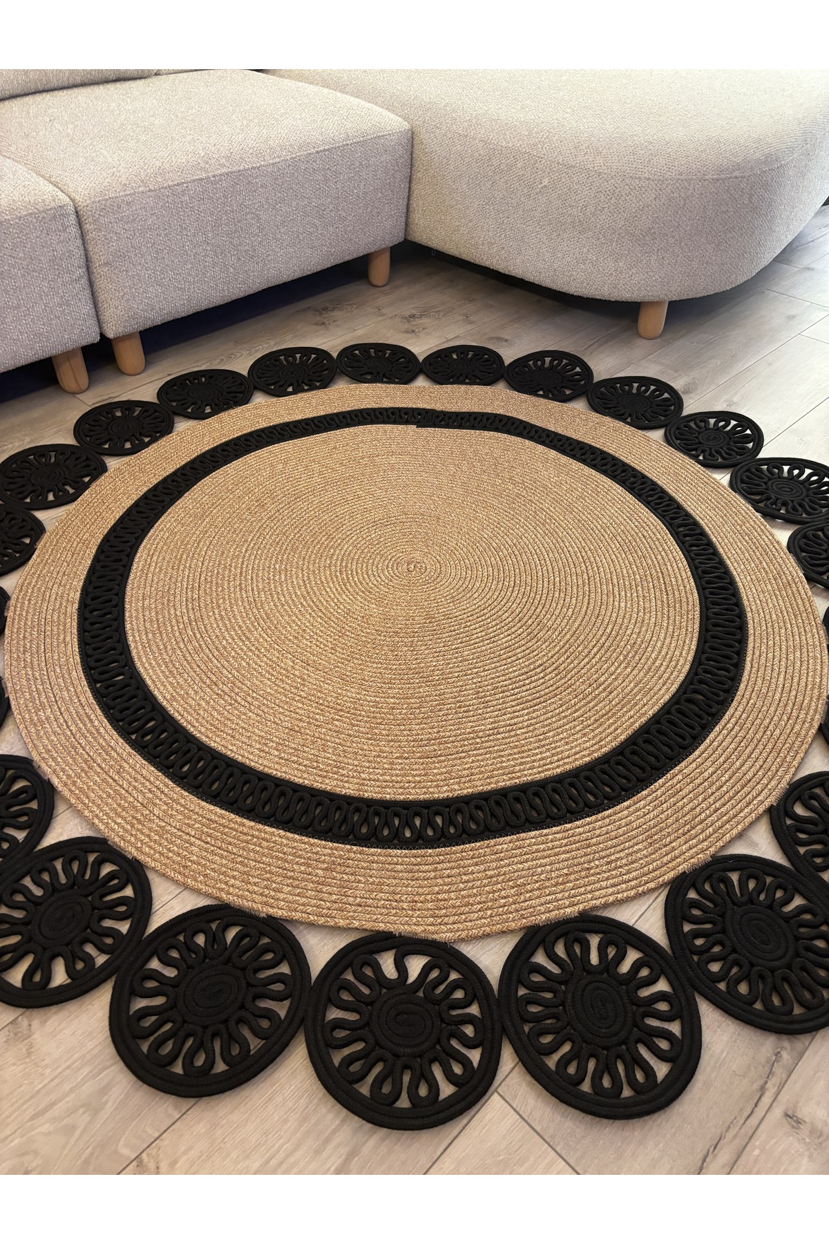 Buganvilla Hasır-Siyah Jüt Çiçek Desenli El Dokuma Antre Salon Mutfak Yatak Odası Kilim Paspas - Görsel 4