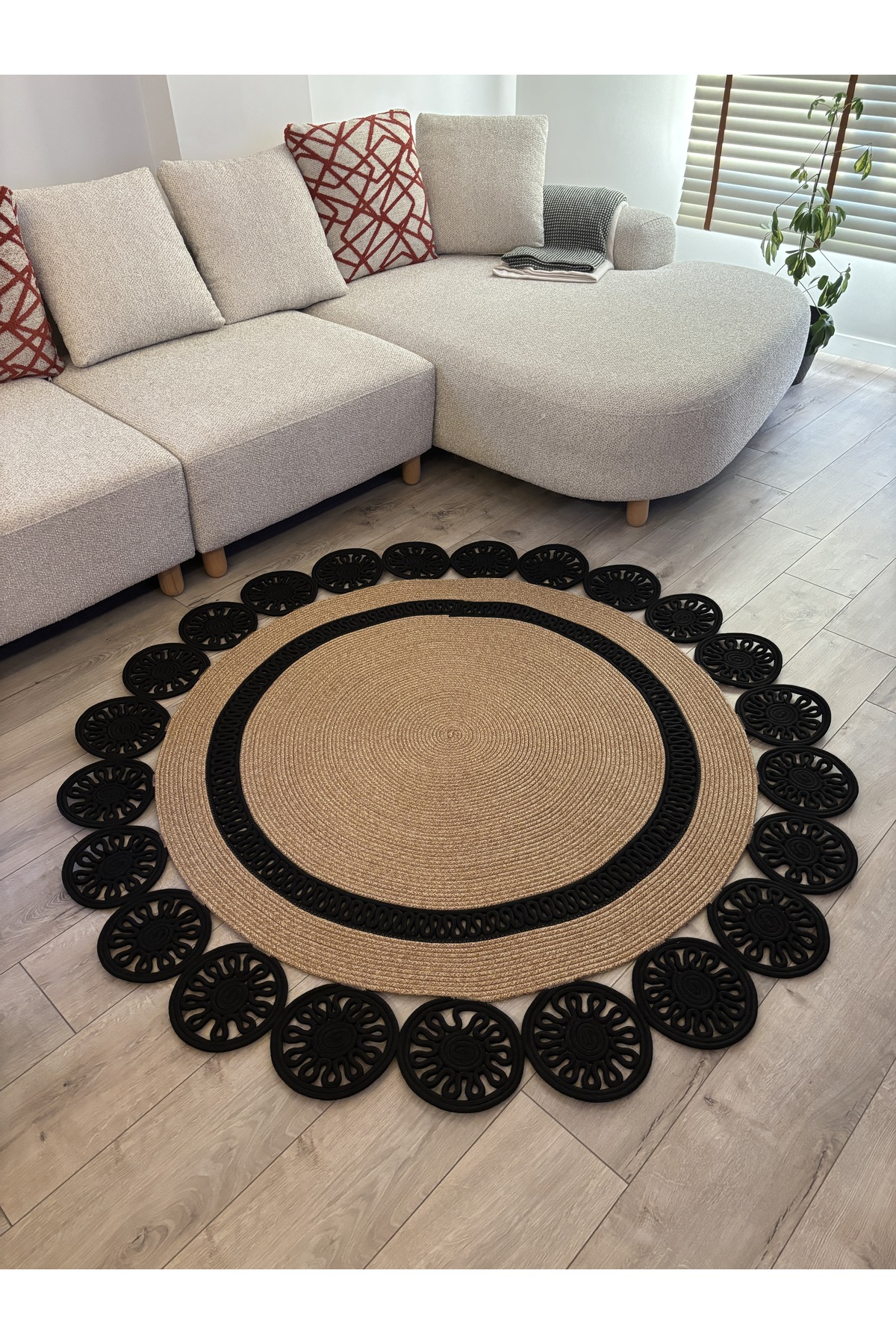 Buganvilla Hasır-Siyah Jüt Çiçek Desenli El Dokuma Antre Salon Mutfak Yatak Odası Kilim Paspas - Görsel 8