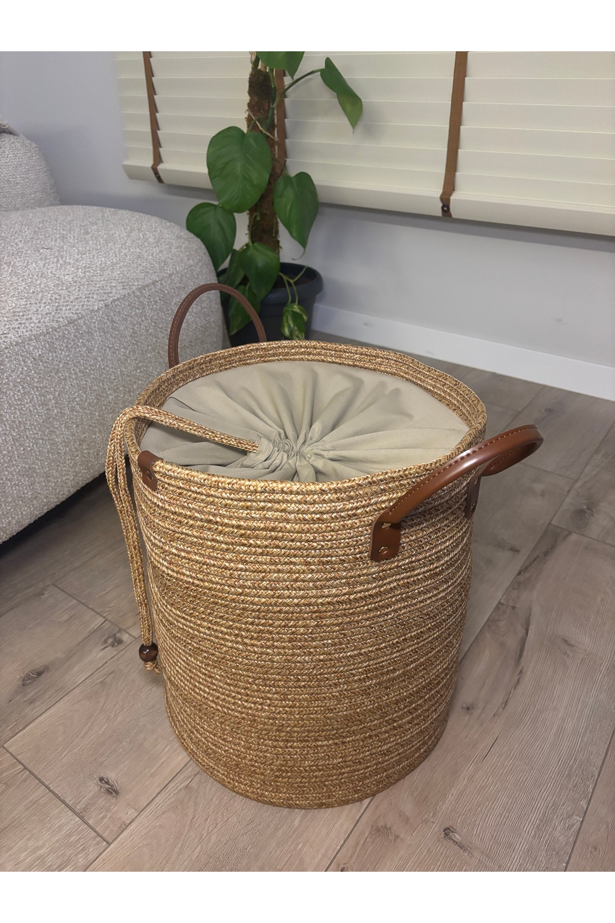 Cinchy Büzgü Astarlı, Dekoratif Deri Saplı, 36 cm X 40 cm Dayanıklı Toparlayıcı Sepet - Görsel 7