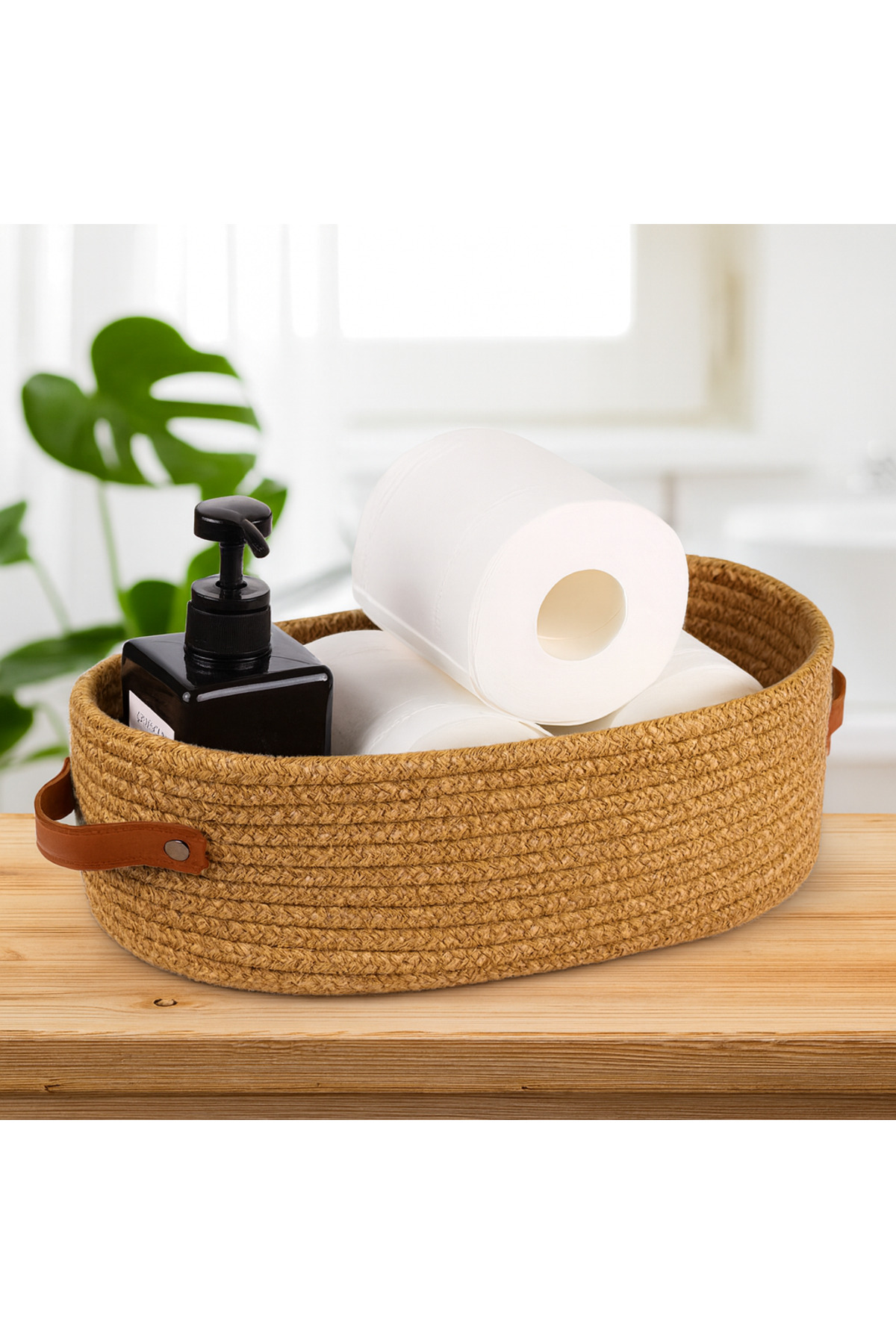 Doğal Hasır Görünümlü 15x33x10 Çok Amaçlı Sepet – Deri Saplı, Dekoratif ve Fonksiyonel Organizer - Görsel 2