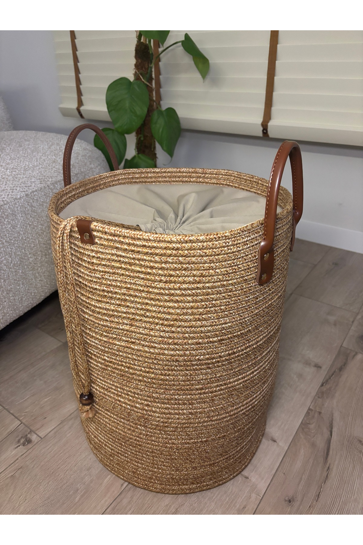 Cinchy Büzgü Astarlı, Dekoratif Deri Saplı, 45 cm X 36 cm Dayanıklı Toparlayıcı Sepet - Görsel 7