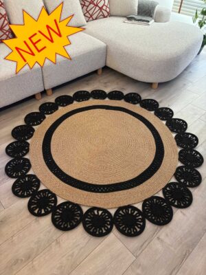 Buganvilla Hasır-Siyah Jüt Çiçek Desenli El Dokuma Antre Salon Mutfak Yatak Odası Kilim Paspas