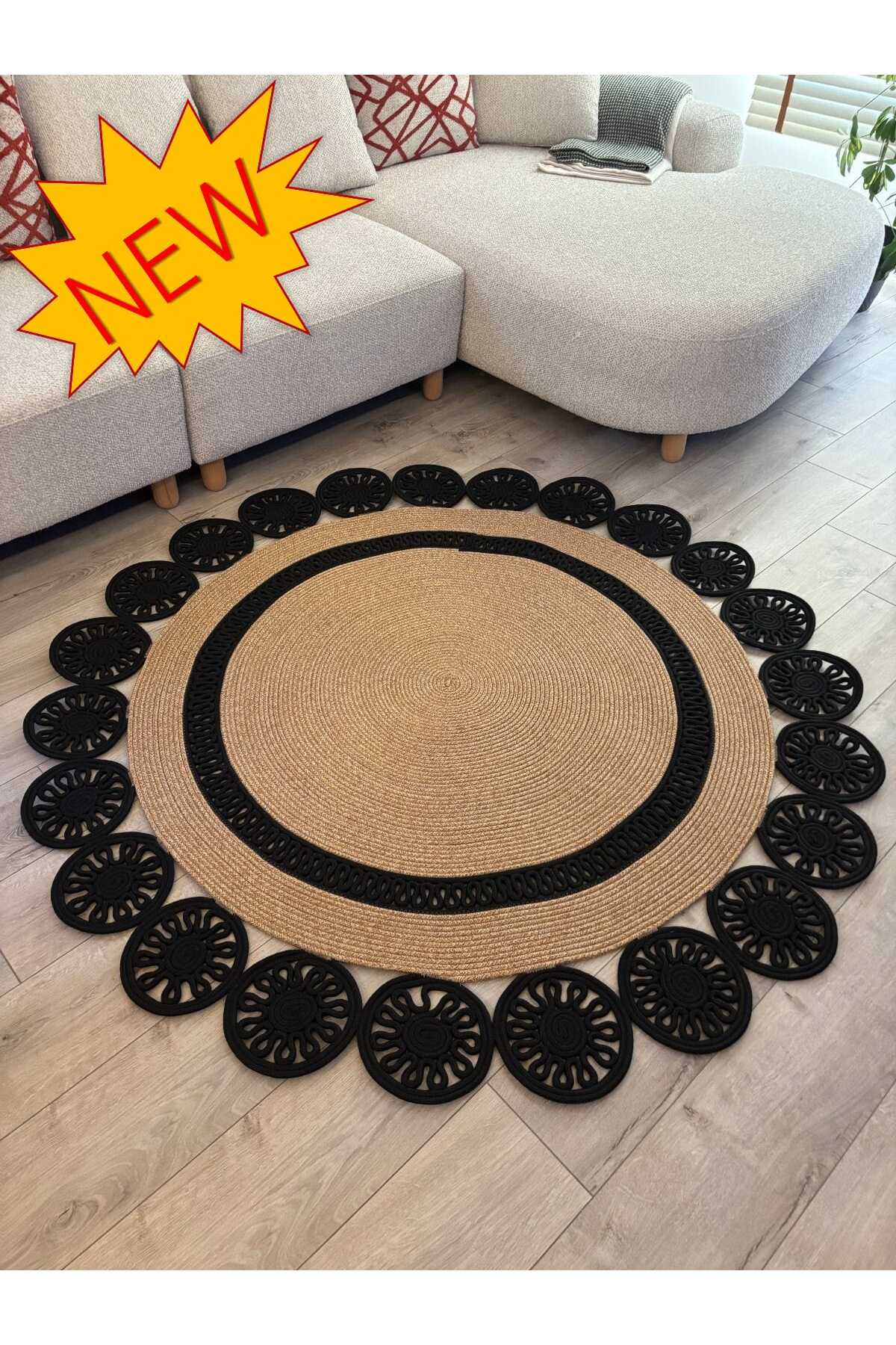 Buganvilla Hasır-Siyah Jüt Çiçek Desenli El Dokuma Antre Salon Mutfak Yatak Odası Kilim Paspas