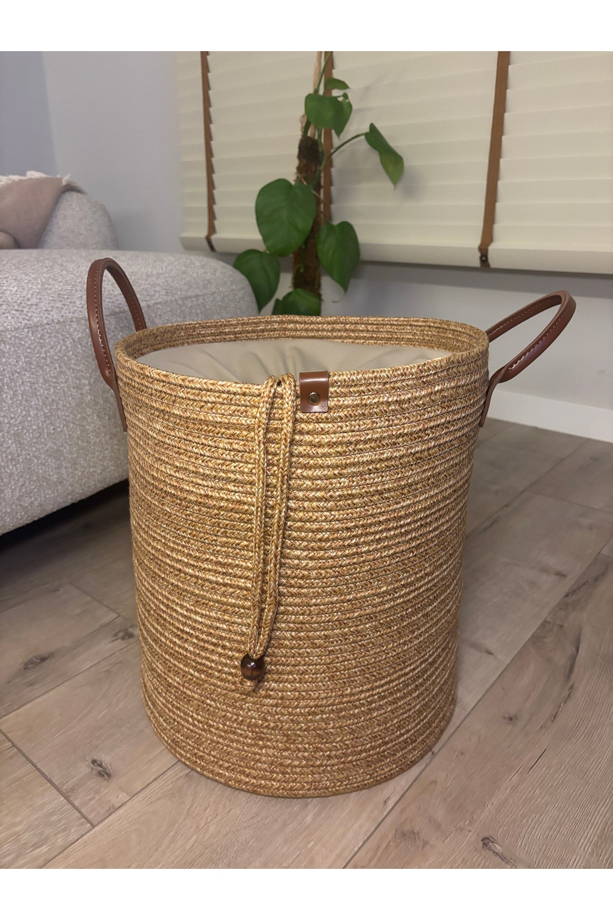 Cinchy Büzgü Astarlı, Dekoratif Deri Saplı, 36 cm X 40 cm Dayanıklı Toparlayıcı Sepet - Görsel 2