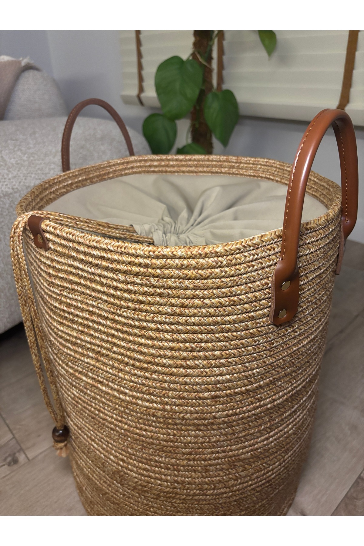 Cinchy Büzgü Astarlı, Dekoratif Deri Saplı, 45 cm X 36 cm Dayanıklı Toparlayıcı Sepet - Görsel 5