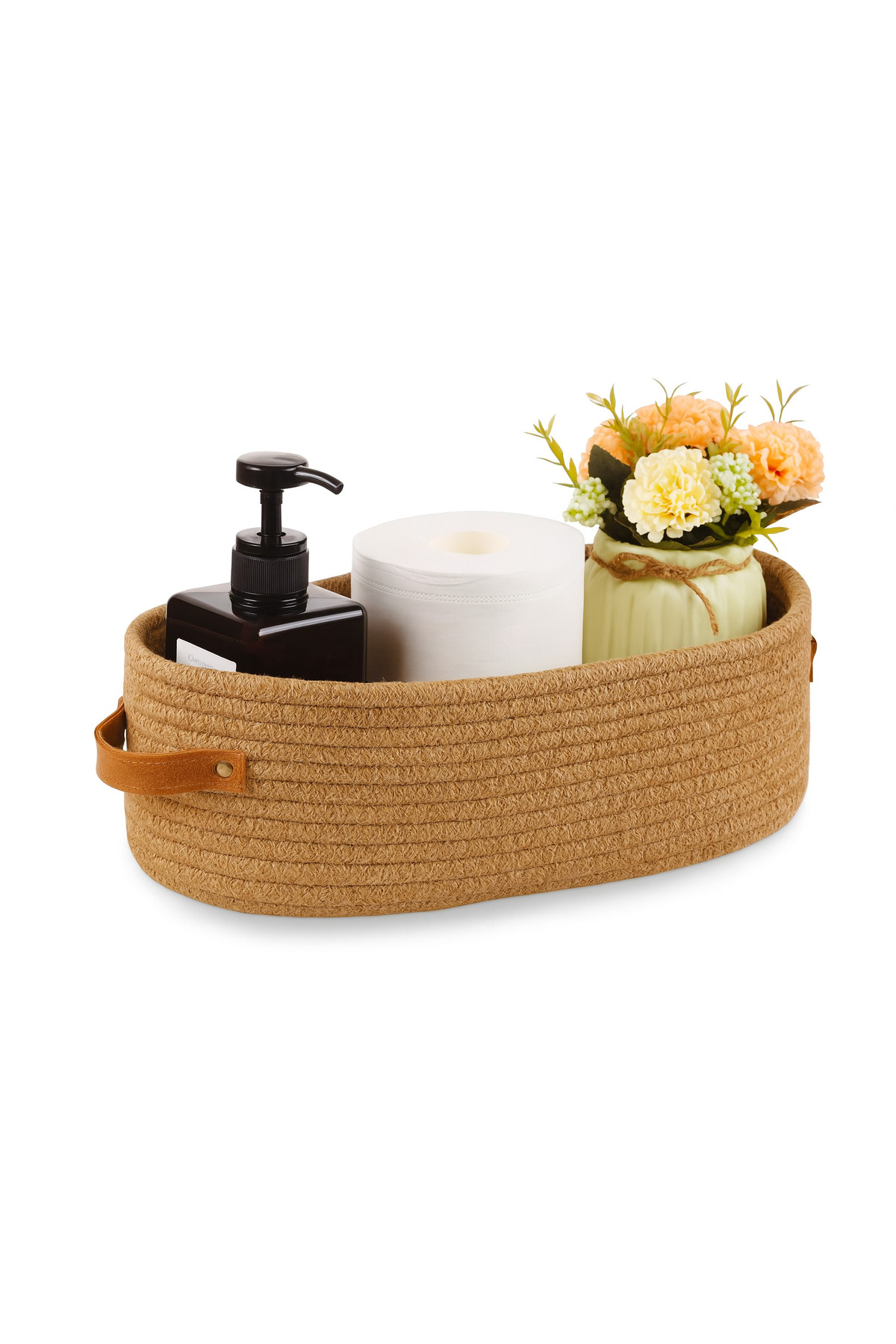 Doğal Hasır Görünümlü 15x33x10 Çok Amaçlı Sepet – Deri Saplı, Dekoratif ve Fonksiyonel Organizer