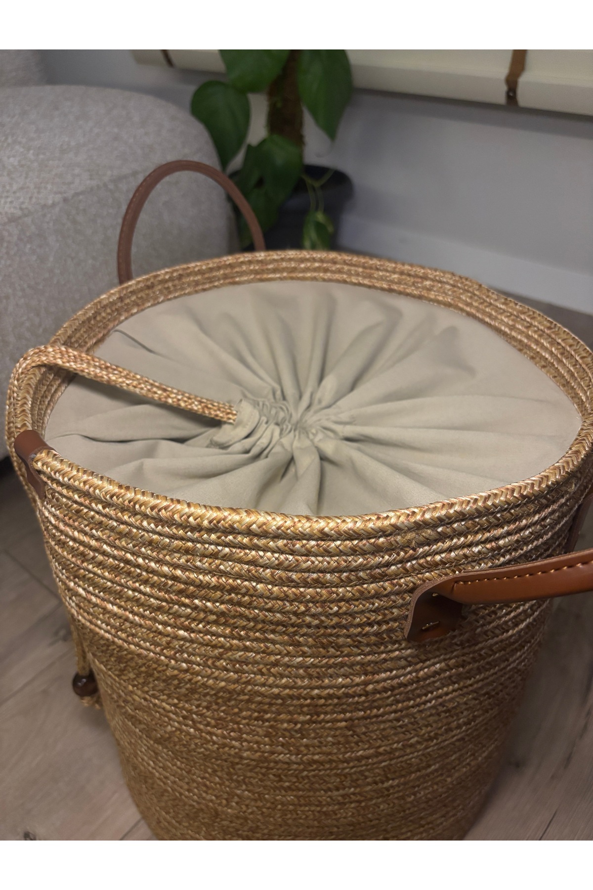 Cinchy Büzgü Astarlı, Dekoratif Deri Saplı, 36 cm X 40 cm Dayanıklı Toparlayıcı Sepet - Görsel 4