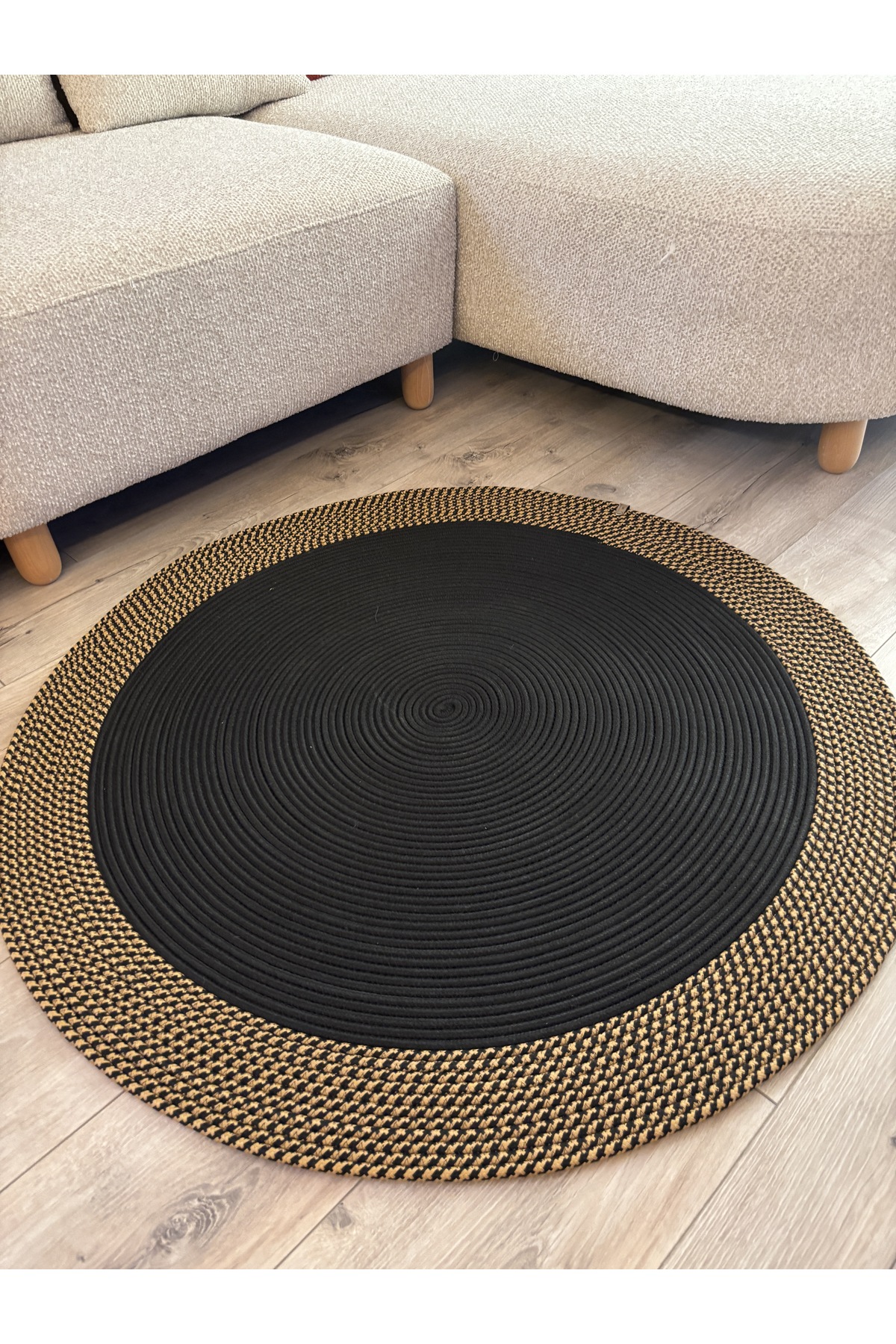 Dahlia Yuvarlak Jüt Halı – Siyah ve Doğal Renkli Örgü El Dokuması Kilim - Görsel 5