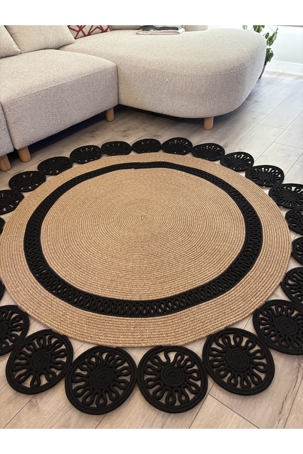 Buganvilla Hasır-Siyah Jüt Çiçek Desenli El Dokuma Antre Salon Mutfak Yatak Odası Kilim Paspas - Görsel 6