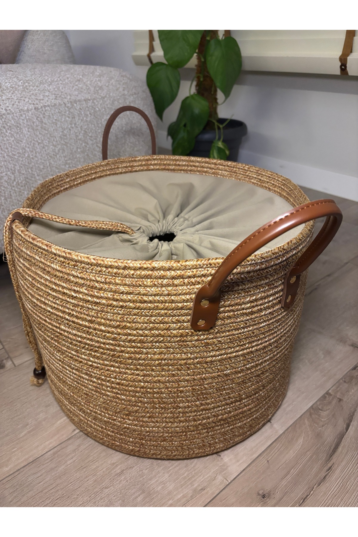 Cinchy Büzgü Astarlı, Dekoratif Deri Saplı, 40 cm X 30 cm Dayanıklı Toparlayıcı Sepet - Görsel 3