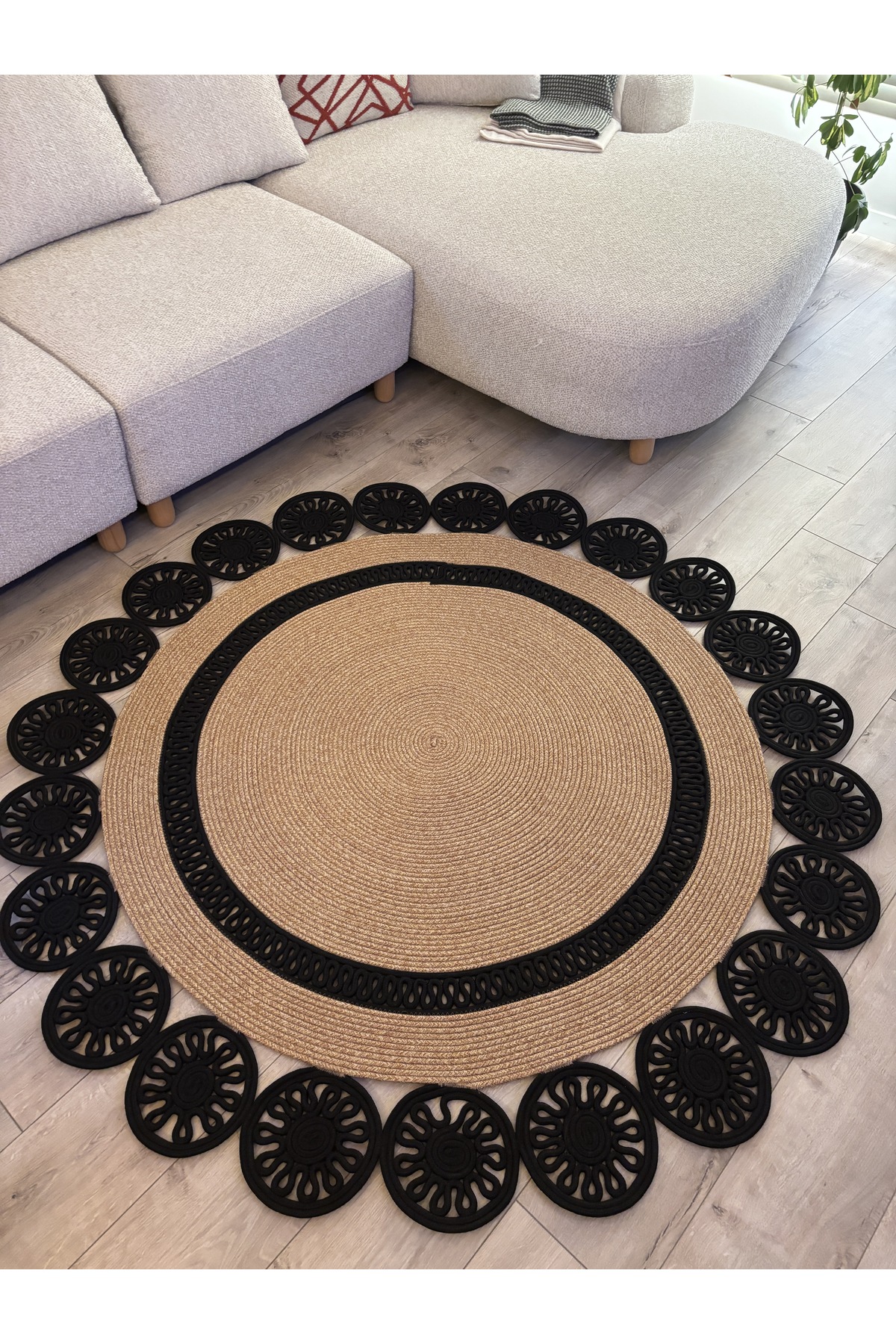 Buganvilla Hasır-Siyah Jüt Çiçek Desenli El Dokuma Antre Salon Mutfak Yatak Odası Kilim Paspas - Görsel 3