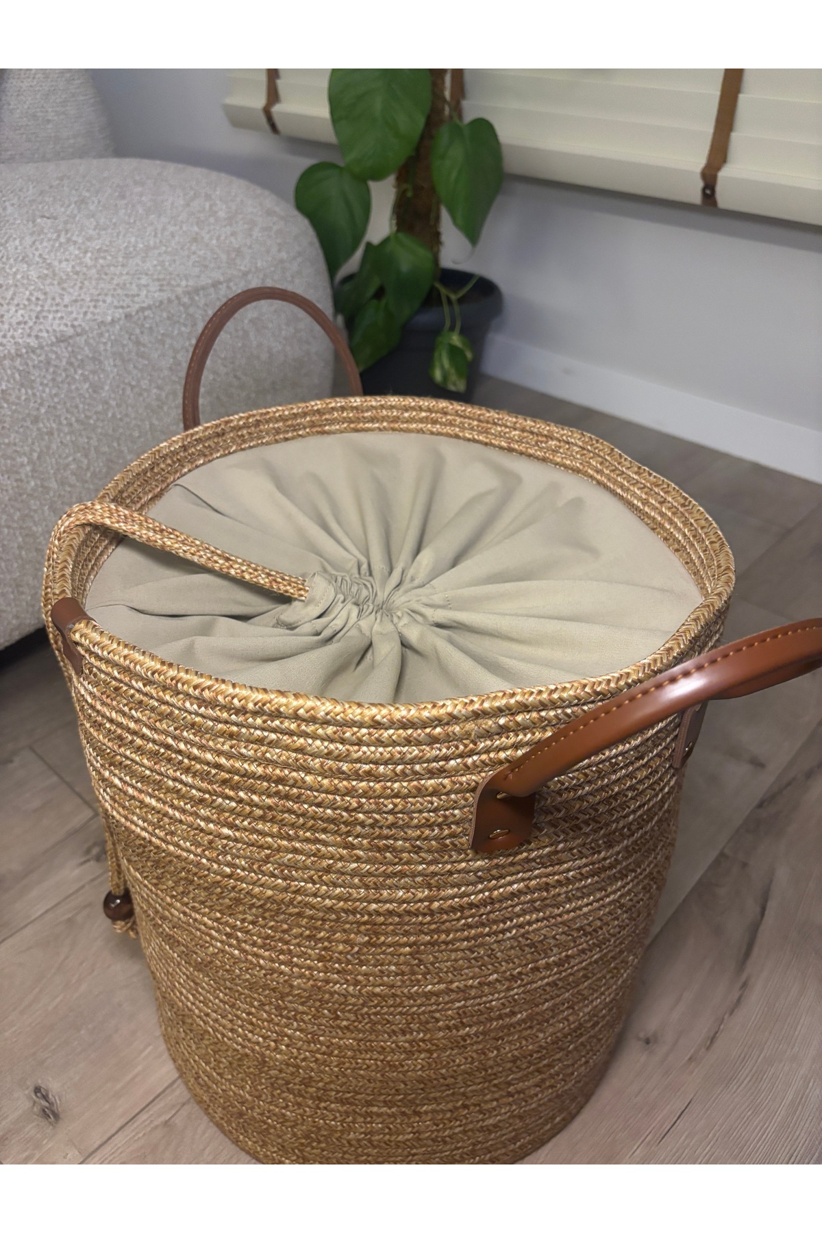 Cinchy Büzgü Astarlı, Dekoratif Deri Saplı, 36 cm X 40 cm Dayanıklı Toparlayıcı Sepet - Görsel 5