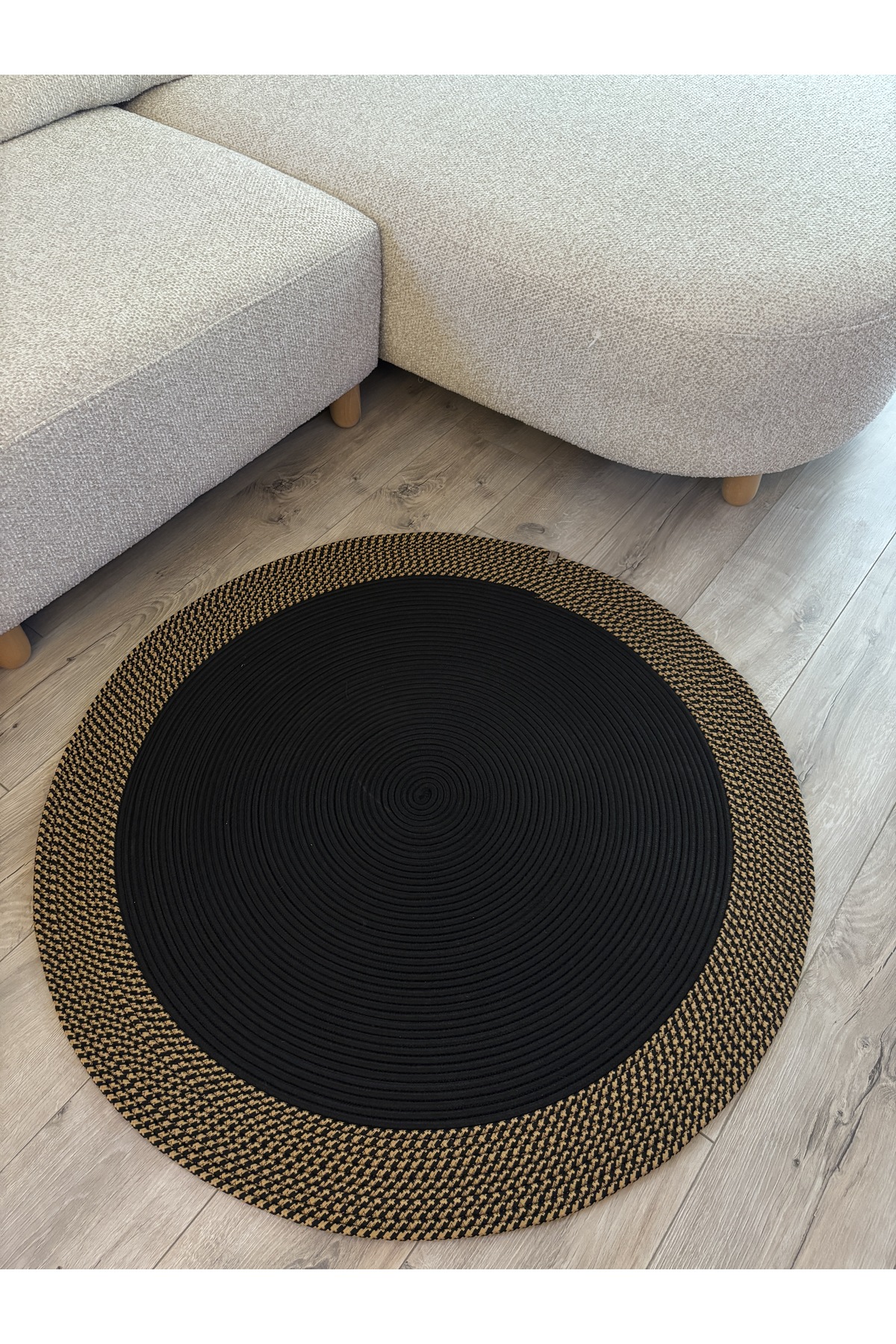 Dahlia Yuvarlak Jüt Halı – Siyah ve Doğal Renkli Örgü El Dokuması Kilim - Görsel 2
