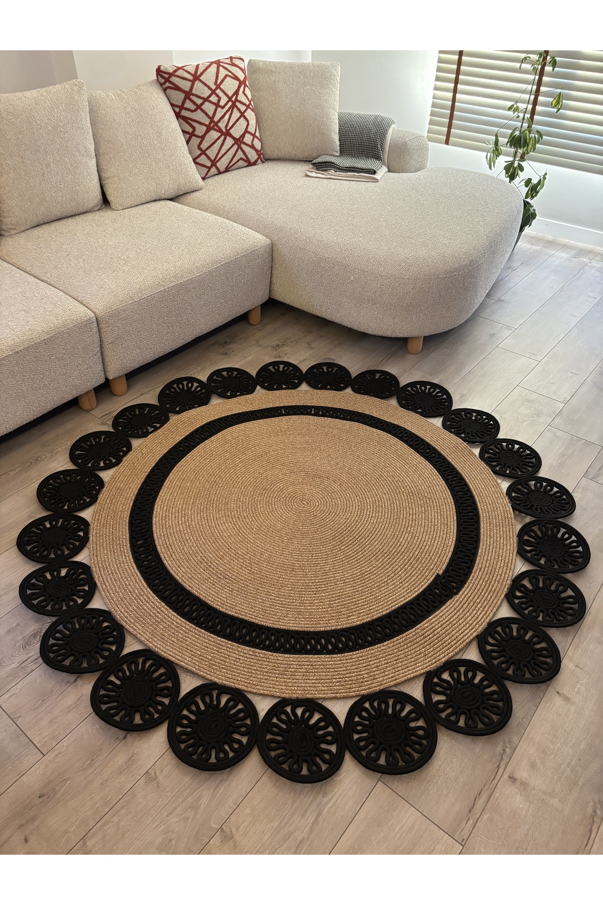 Buganvilla Hasır-Siyah Jüt Çiçek Desenli El Dokuma Antre Salon Mutfak Yatak Odası Kilim Paspas - Görsel 7