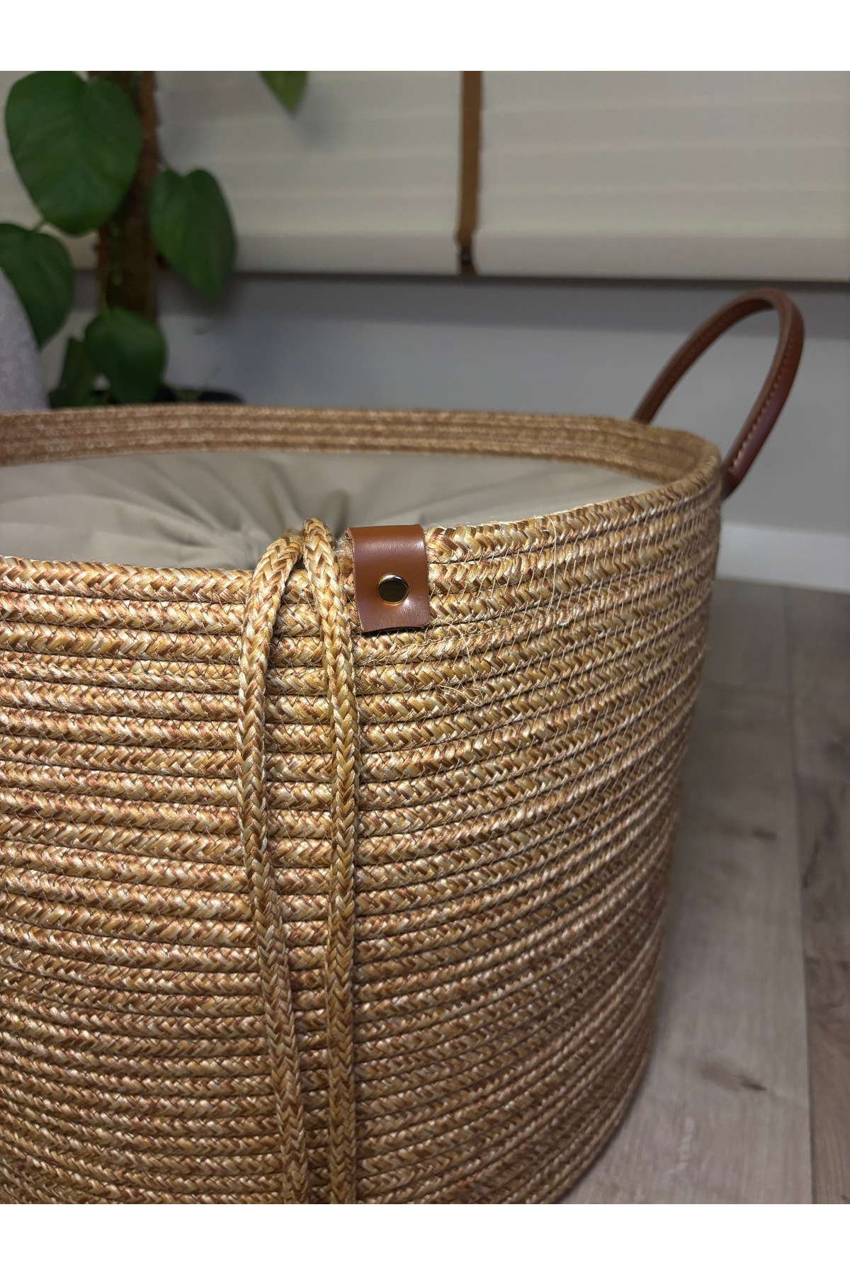 Cinchy Büzgü Astarlı, Dekoratif Deri Saplı, 40 cm X 30 cm Dayanıklı Toparlayıcı Sepet - Görsel 8