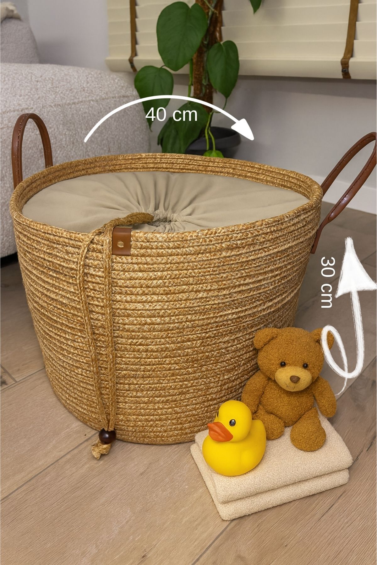 Cinchy Büzgü Astarlı, Dekoratif Deri Saplı, 40 cm X 30 cm Dayanıklı Toparlayıcı Sepet