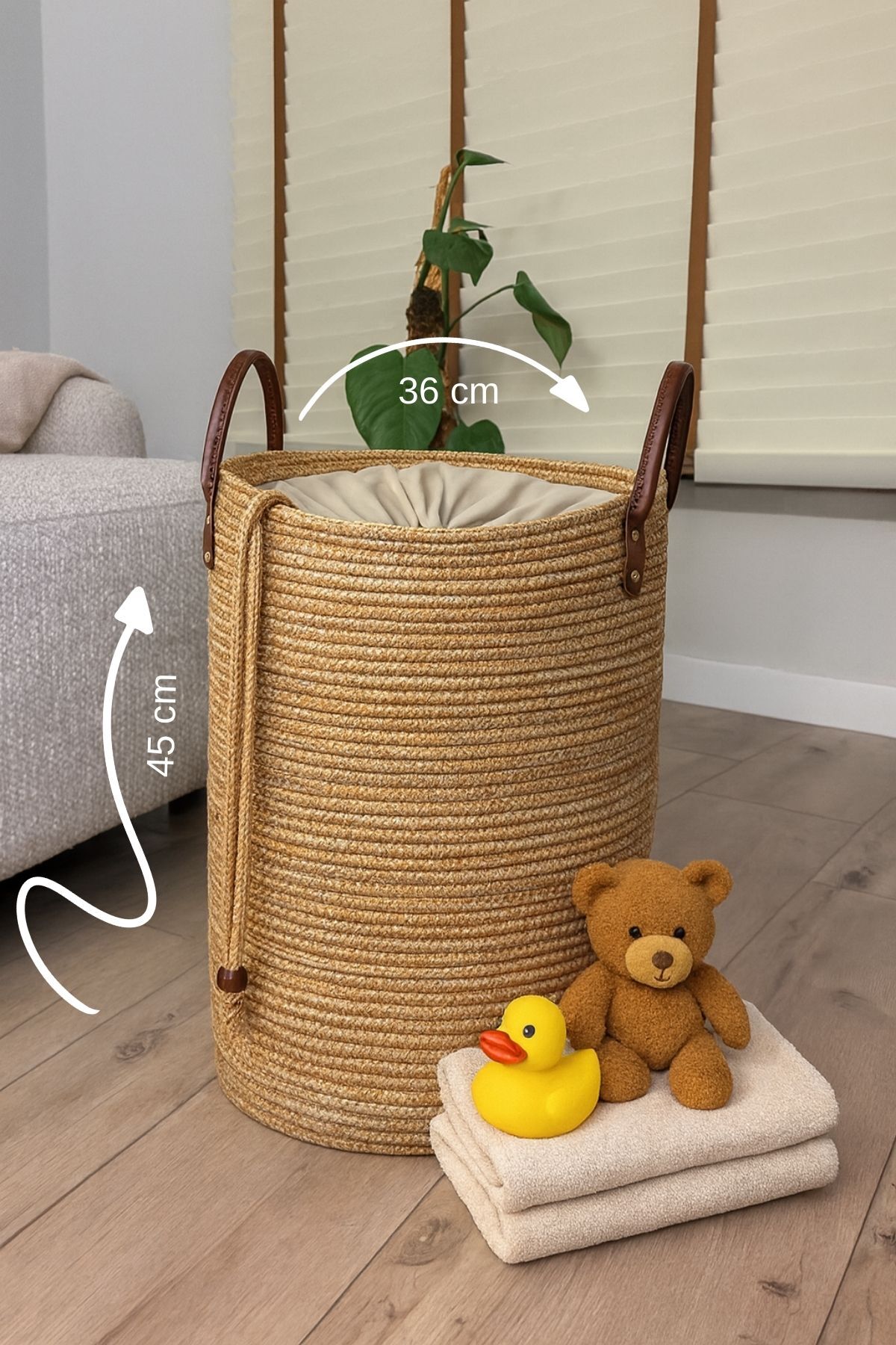 Cinchy Büzgü Astarlı, Dekoratif Deri Saplı, 45 cm X 36 cm Dayanıklı Toparlayıcı Sepet