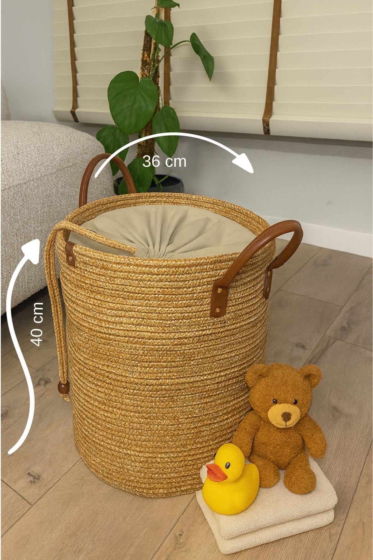 Cinchy Büzgü Astarlı, Dekoratif Deri Saplı, 36 cm X 40 cm Dayanıklı Toparlayıcı Sepet