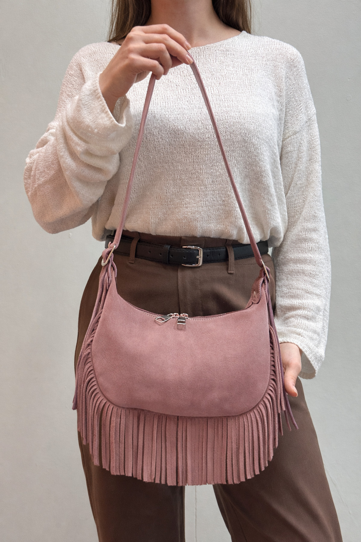 Mave Kadın %100 Hakiki Nubuk Deri Omuz Çantası – Detaylı Şık Tasarım Süet El ve Omuz Çantası - Görsel 2