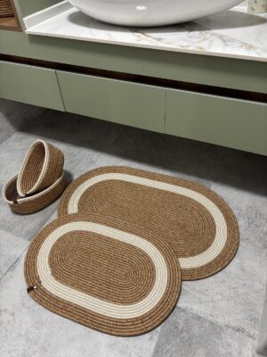 Hasır Krem Şerit Jüt , Banyo Paspas Takımı, Banyo Sepet Takımı , Paspas Takımı Klozet Takımı Bath St