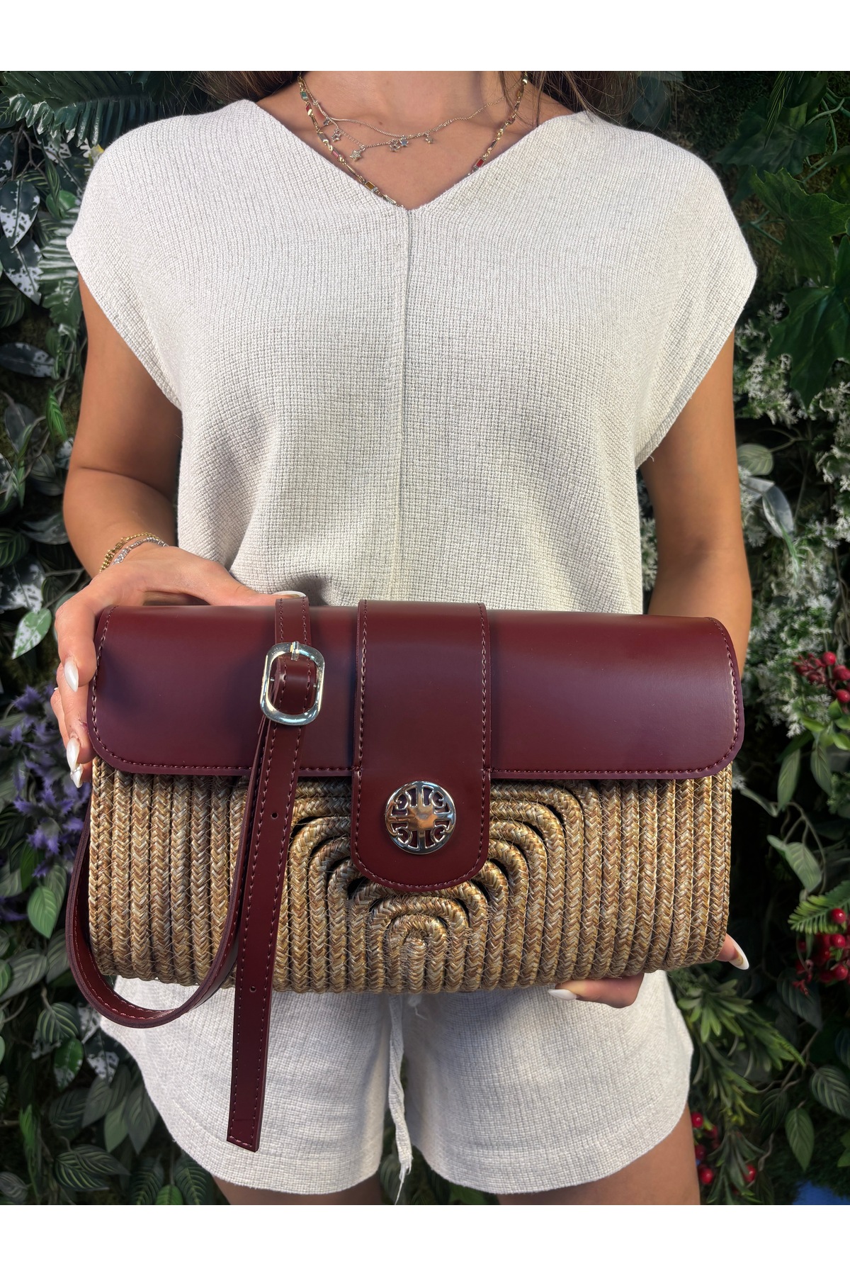 Capri Hasır Görünümlü Deri Karışımı Şık Omuz Çapraz Çanta - Görsel 2