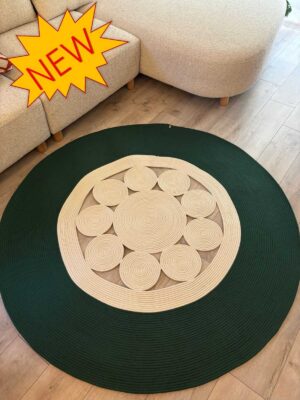 Jutella Hasır Krem Ortası Kurabiyeli Jüt Hasır Yuvarlak Modern Salon Banyo Kilim Halı Paspas Yolluk