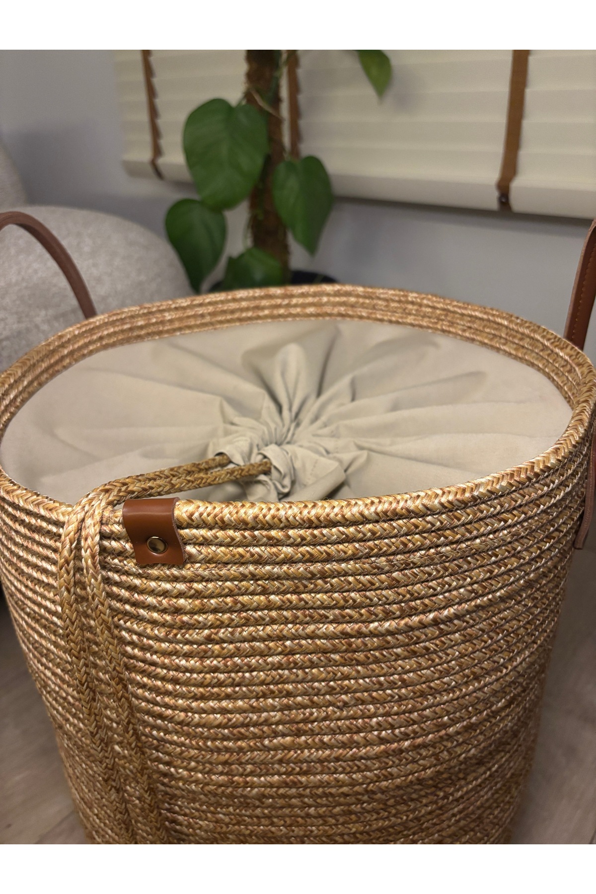 Cinchy Büzgü Astarlı, Dekoratif Deri Saplı, 45 cm X 36 cm Dayanıklı Toparlayıcı Sepet - Görsel 4