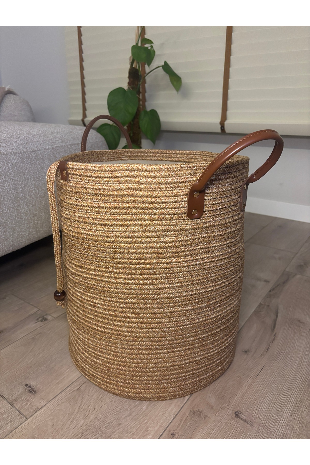 Cinchy Büzgü Astarlı, Dekoratif Deri Saplı, 36 cm X 40 cm Dayanıklı Toparlayıcı Sepet - Görsel 3