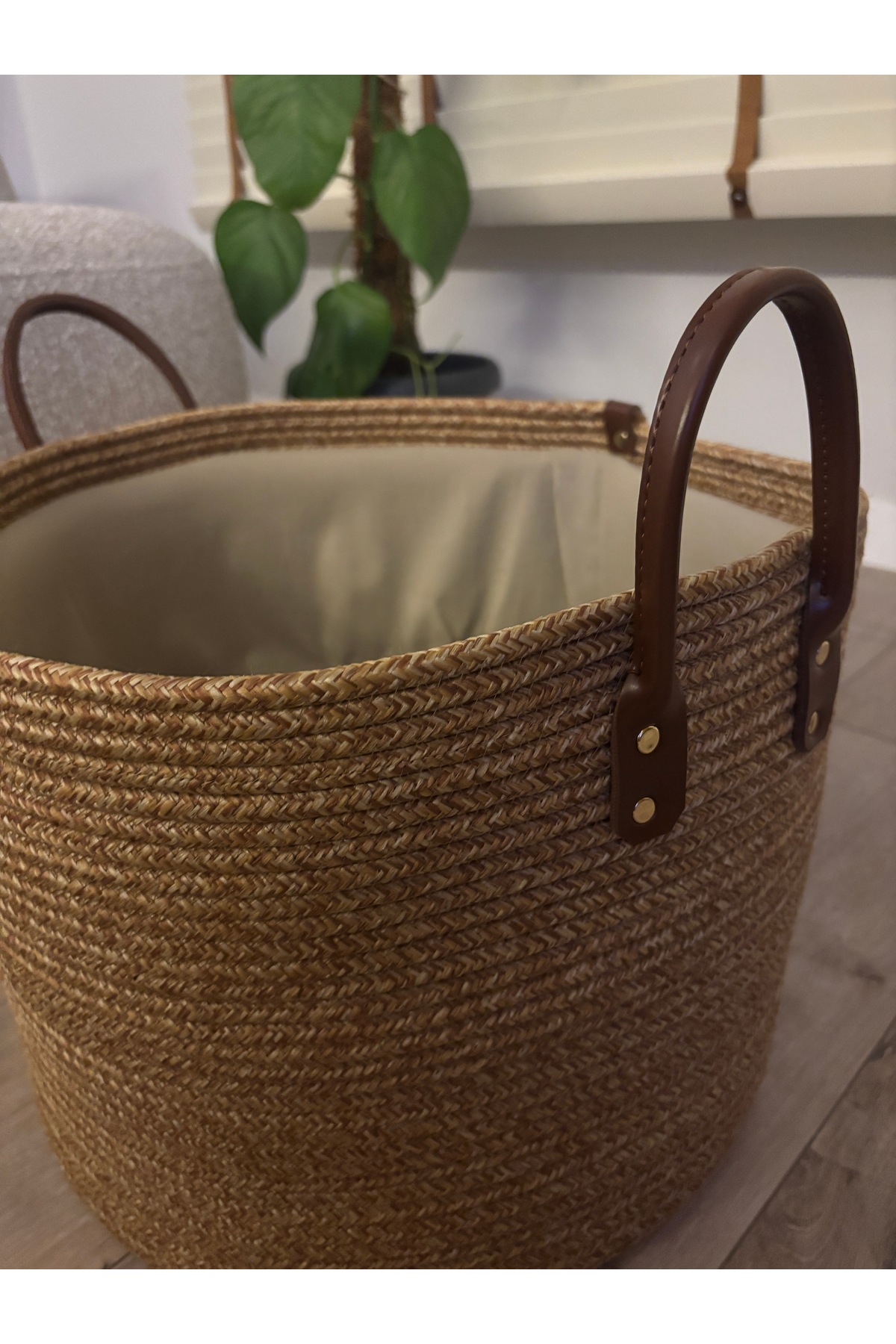 Cinchy Büzgü Astarlı, Dekoratif Deri Saplı, 40 cm X 30 cm Dayanıklı Toparlayıcı Sepet - Görsel 5