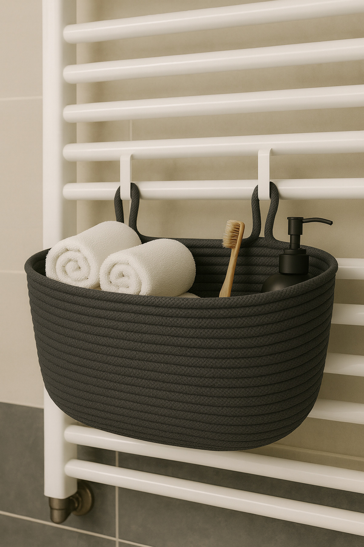 Dekoratif Askılı Banyo Sepeti – 18×40×16 cm– Saklama ve Düzenleyici HASIR JÜT SEPET ORGANİZER EL İŞİ