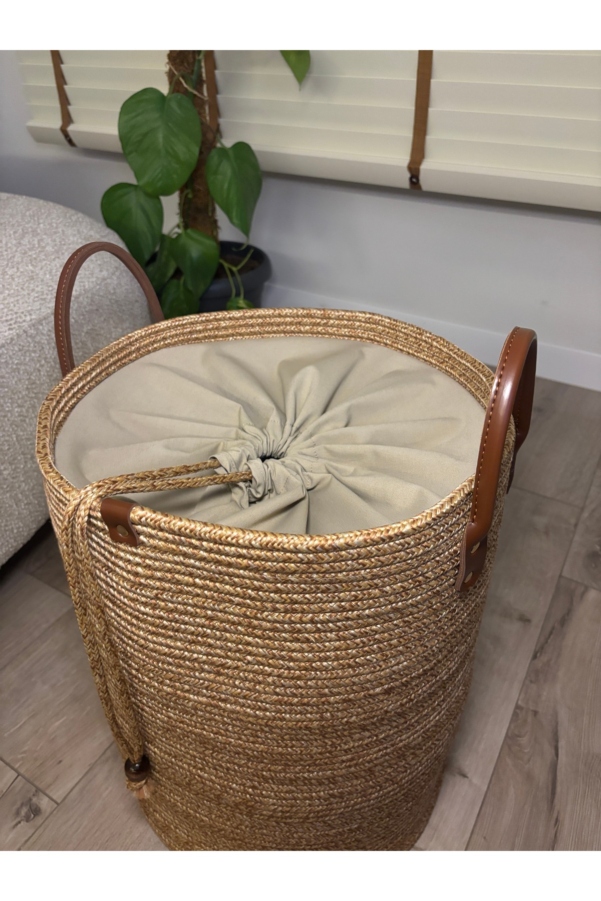 Cinchy Büzgü Astarlı, Dekoratif Deri Saplı, 45 cm X 36 cm Dayanıklı Toparlayıcı Sepet - Görsel 6