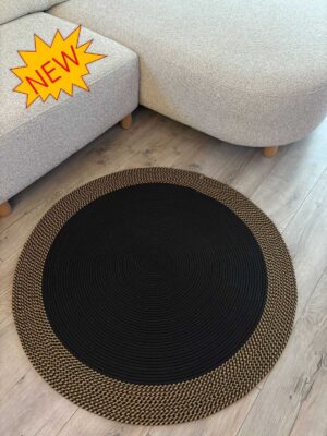 Dahlia Yuvarlak Jüt Halı – Siyah ve Doğal Renkli Örgü El Dokuması Kilim