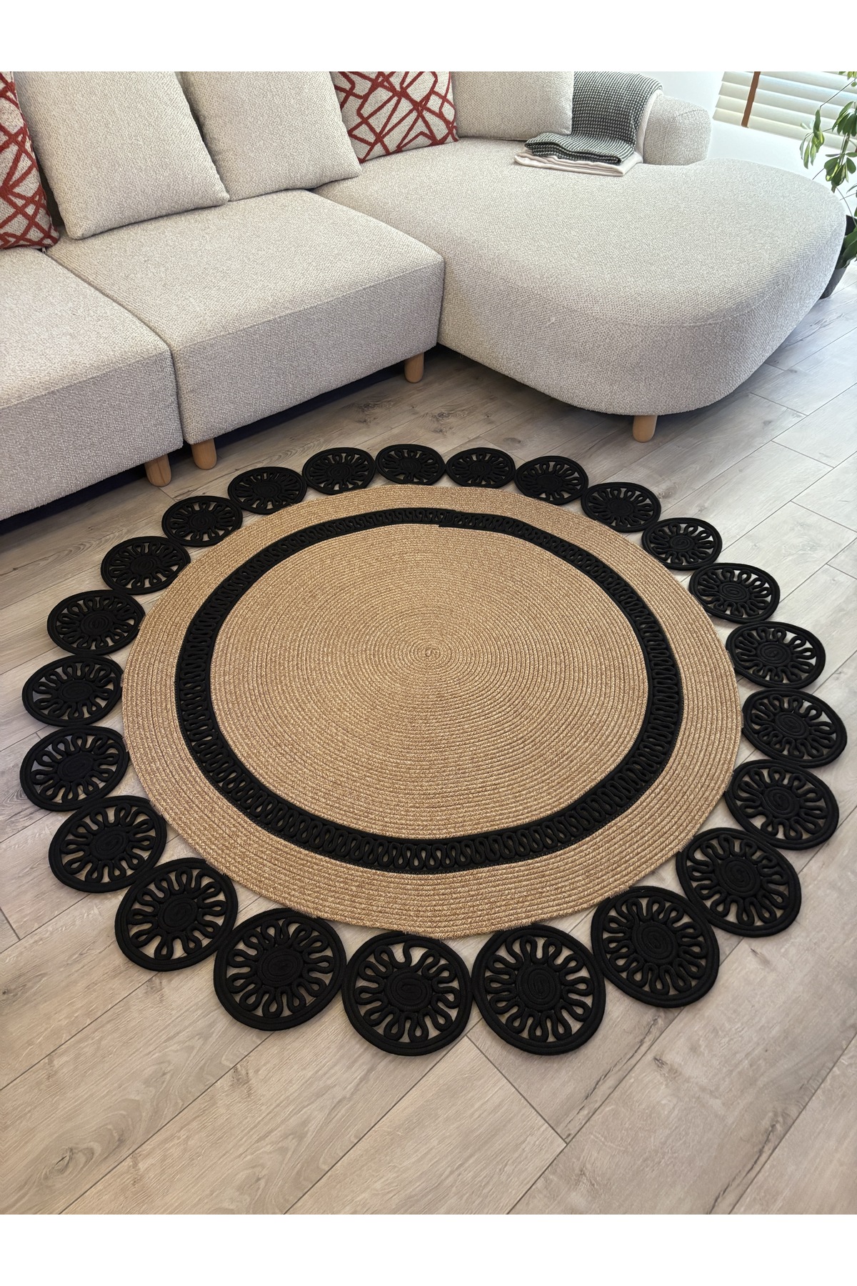 Buganvilla Hasır-Siyah Jüt Çiçek Desenli El Dokuma Antre Salon Mutfak Yatak Odası Kilim Paspas - Görsel 2