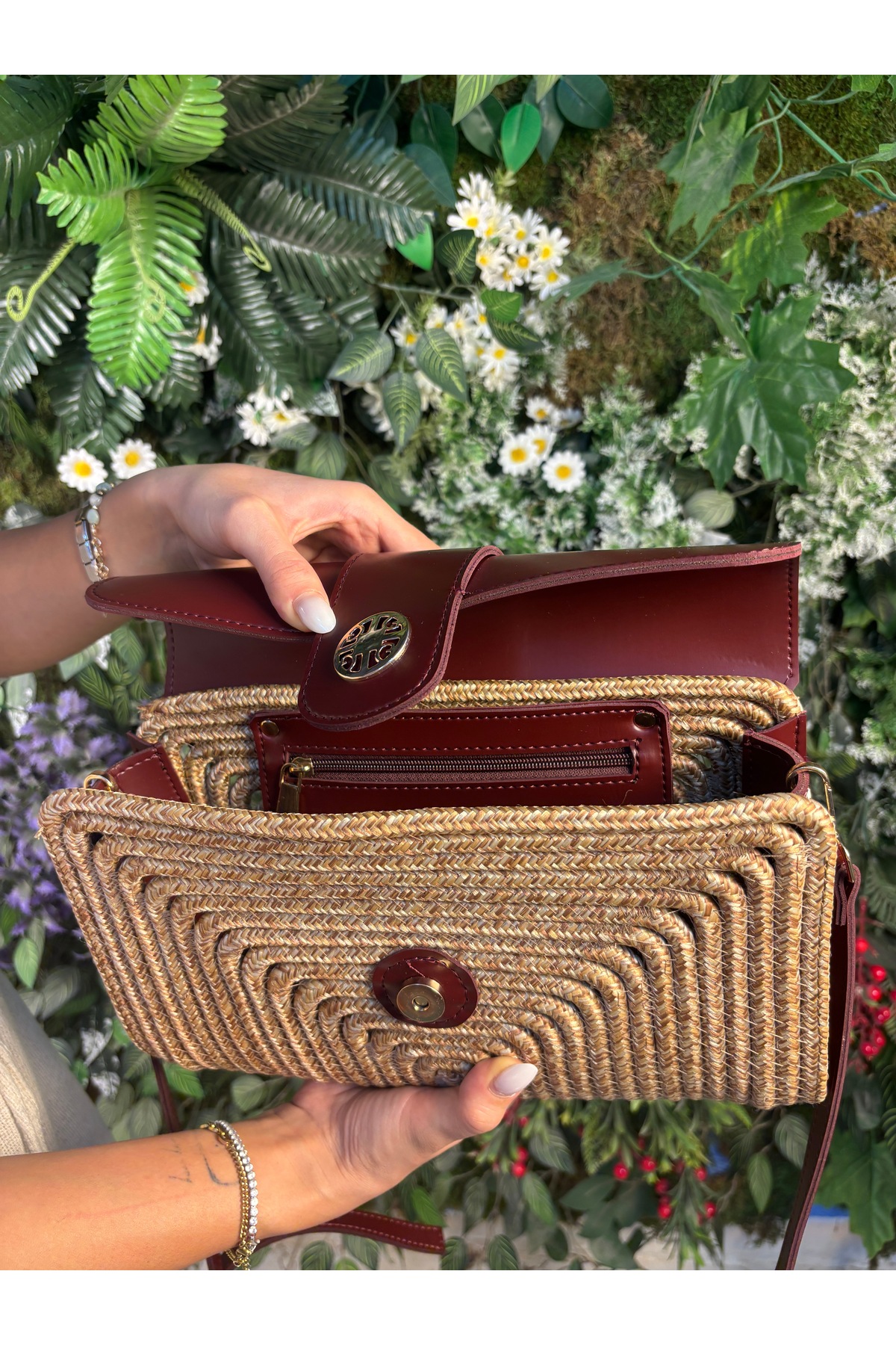 Capri Hasır Görünümlü Deri Karışımı Şık Omuz Çapraz Çanta - Görsel 4