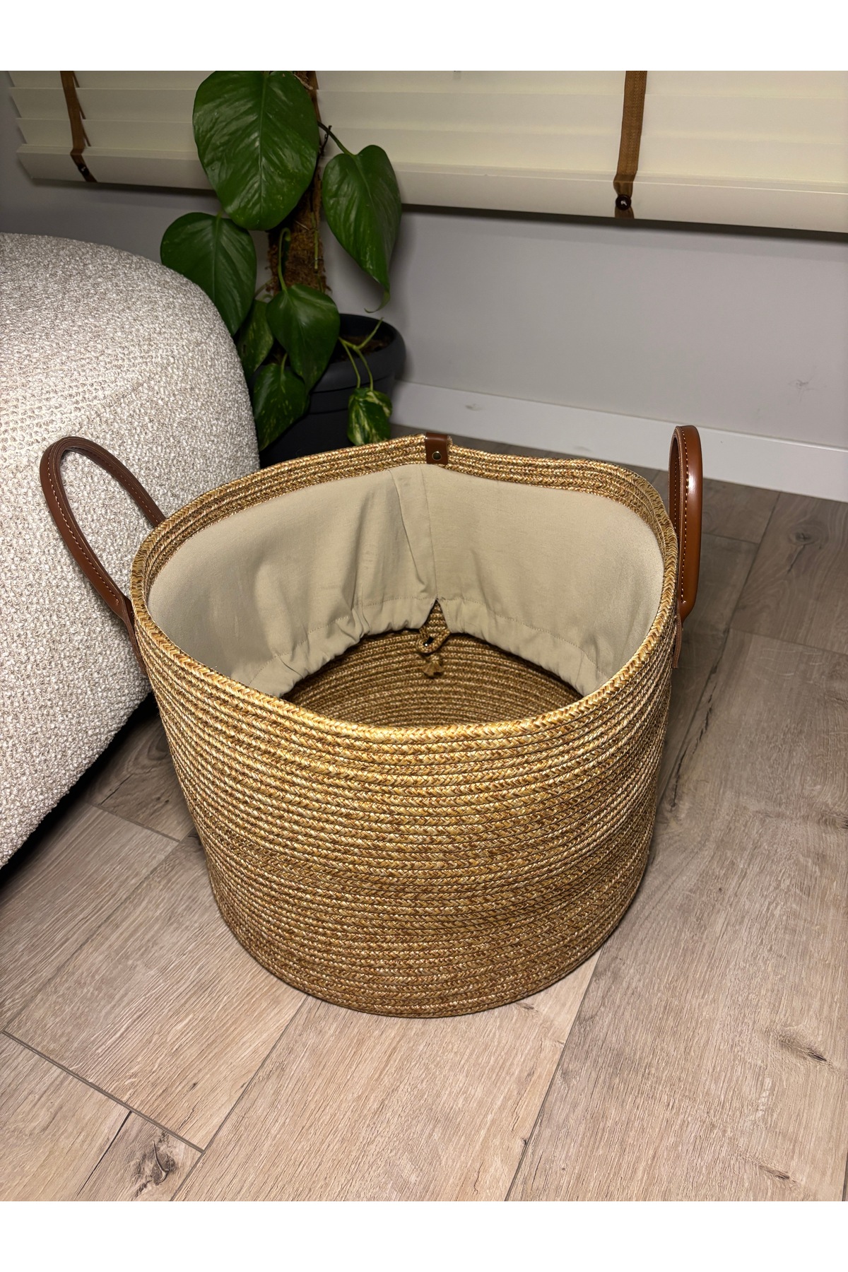 Cinchy Büzgü Astarlı, Dekoratif Deri Saplı, 40 cm X 30 cm Dayanıklı Toparlayıcı Sepet - Görsel 4