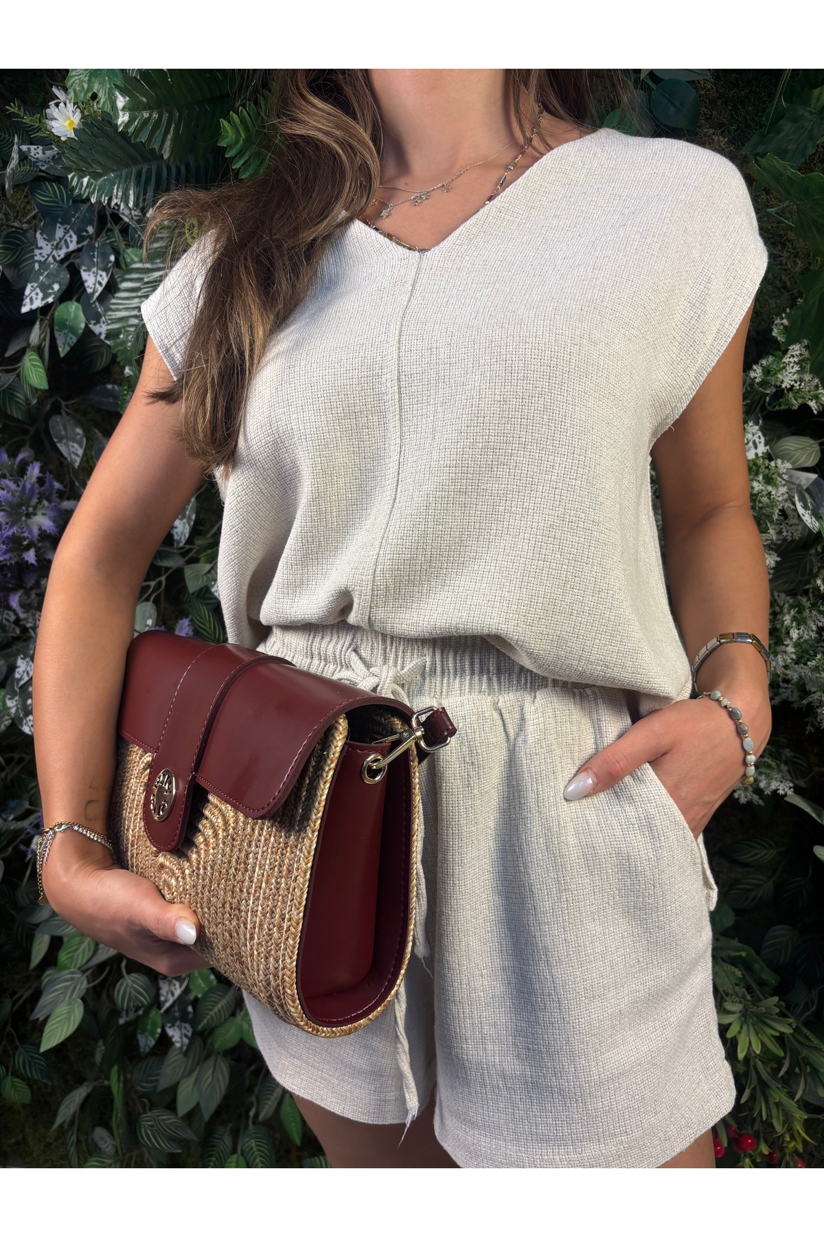 Capri Hasır Görünümlü Deri Karışımı Şık Omuz Çapraz Çanta - Görsel 3