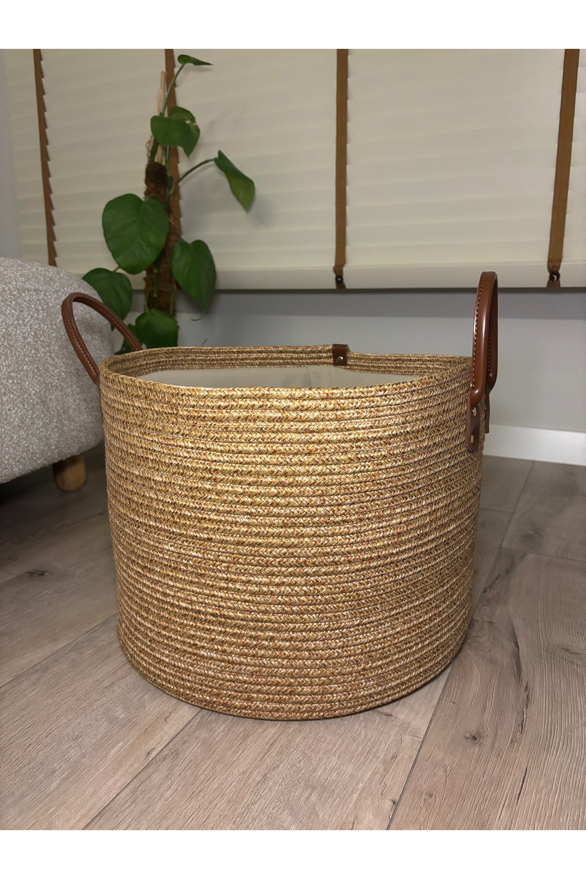 Cinchy Büzgü Astarlı, Dekoratif Deri Saplı, 40 cm X 30 cm Dayanıklı Toparlayıcı Sepet - Görsel 6