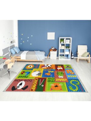 Dijital Baskı Kaymaz Taban Makinede Yıkanabilir Hayvanlar Dünyası Desenli Çocuk Odası Halısı