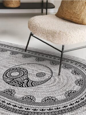 Yin Yang Denge Baskılı Jüt Görünümlü Dijital Baskılı Kilim, Çift Taraflı Örme Üzeri Baskı Jüt Kilim